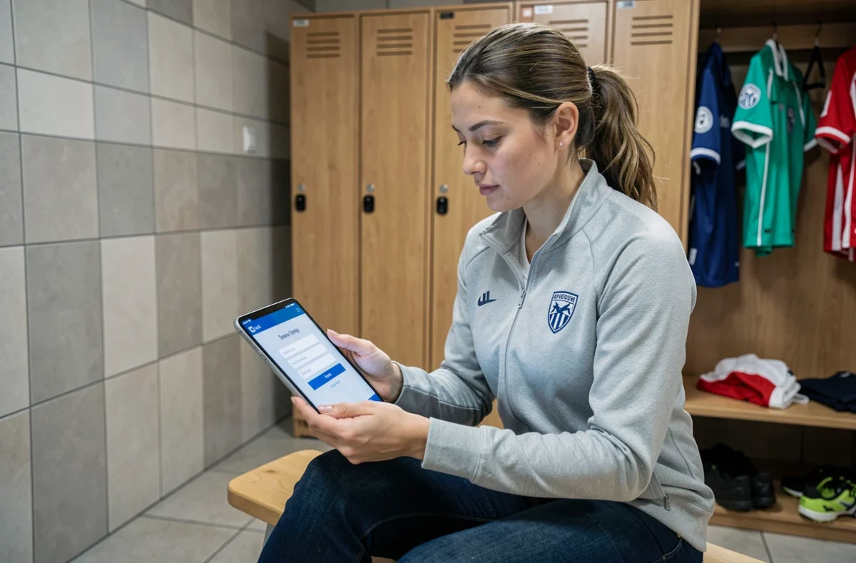 Femme accédant au portail Footclub FFF sur une tablette dans un vestiaire de club de football