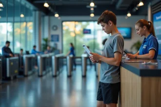 Un adolescent à l'accueil d'une salle de sport Basic Fit discutant de son inscription avec un membre du personnel