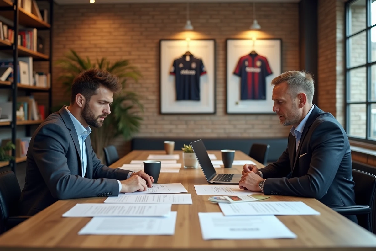 Agents de football et représentants discutant des contrats et salaires de stars du PSG dans un bureau parisien avec des maillots encadrés au mur