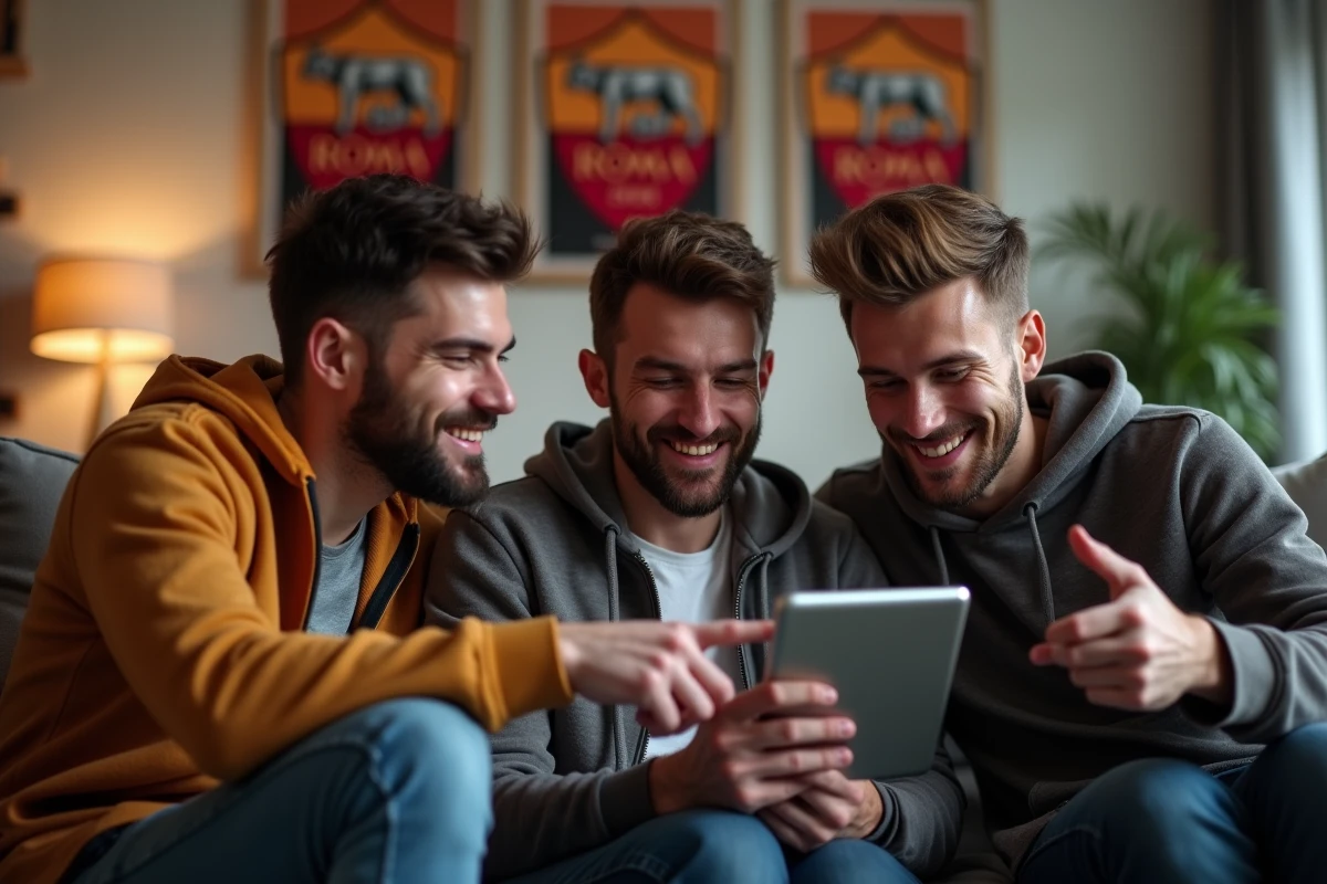 Groupe d'amis discutant des news de l'AS Roma autour d'une tablette dans un salon moderne