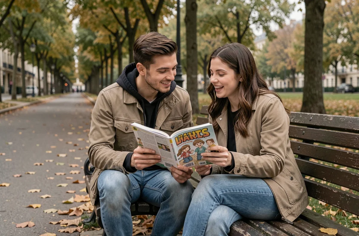 Deux amis lisant et discutant ensemble un manga Blue Lock sur un banc de parc en automne dans une ville française