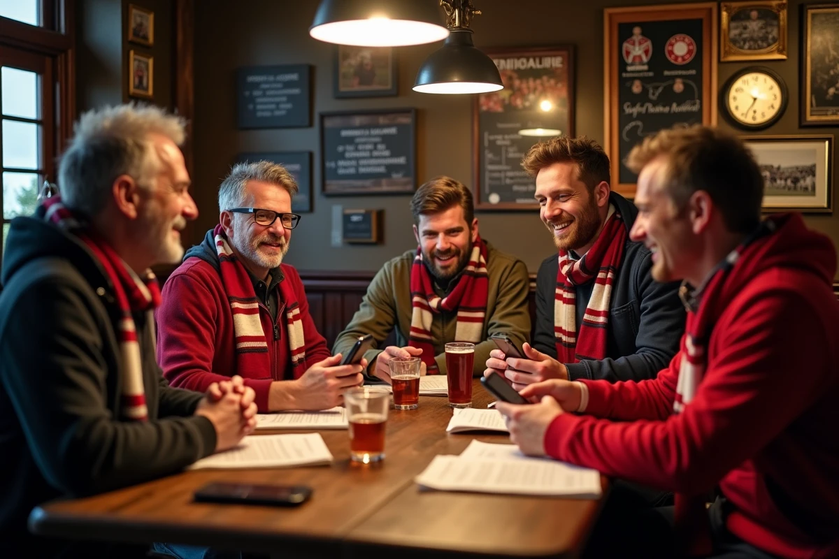 Groupe d'amis en train de consulter les résultats du rugby fédérale 3 autour d'une table dans un bar à l'ambiance chaleureuse