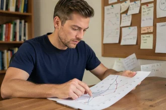 Homme analysant un graphique de répartition percentile P25 à P100 pour suivre sa progression sportive