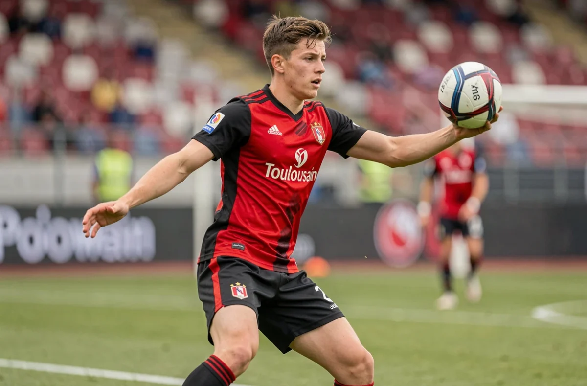 Joueur de rugby français de référence en maillot du Stade Toulousain en pleine action de passe, symbolisant l'élite salariale française