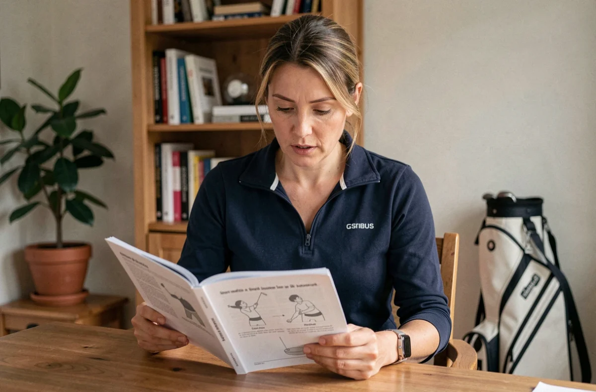 Femme apprenant les techniques de swing de golf à travers un guide illustré dans un bureau à domicile chaleureux