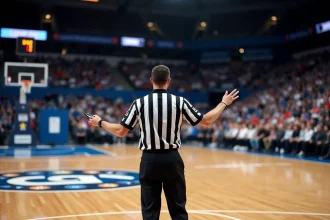 Arbitre de basket en France signalant le temps réglementaire lors d'un match officiel en salle