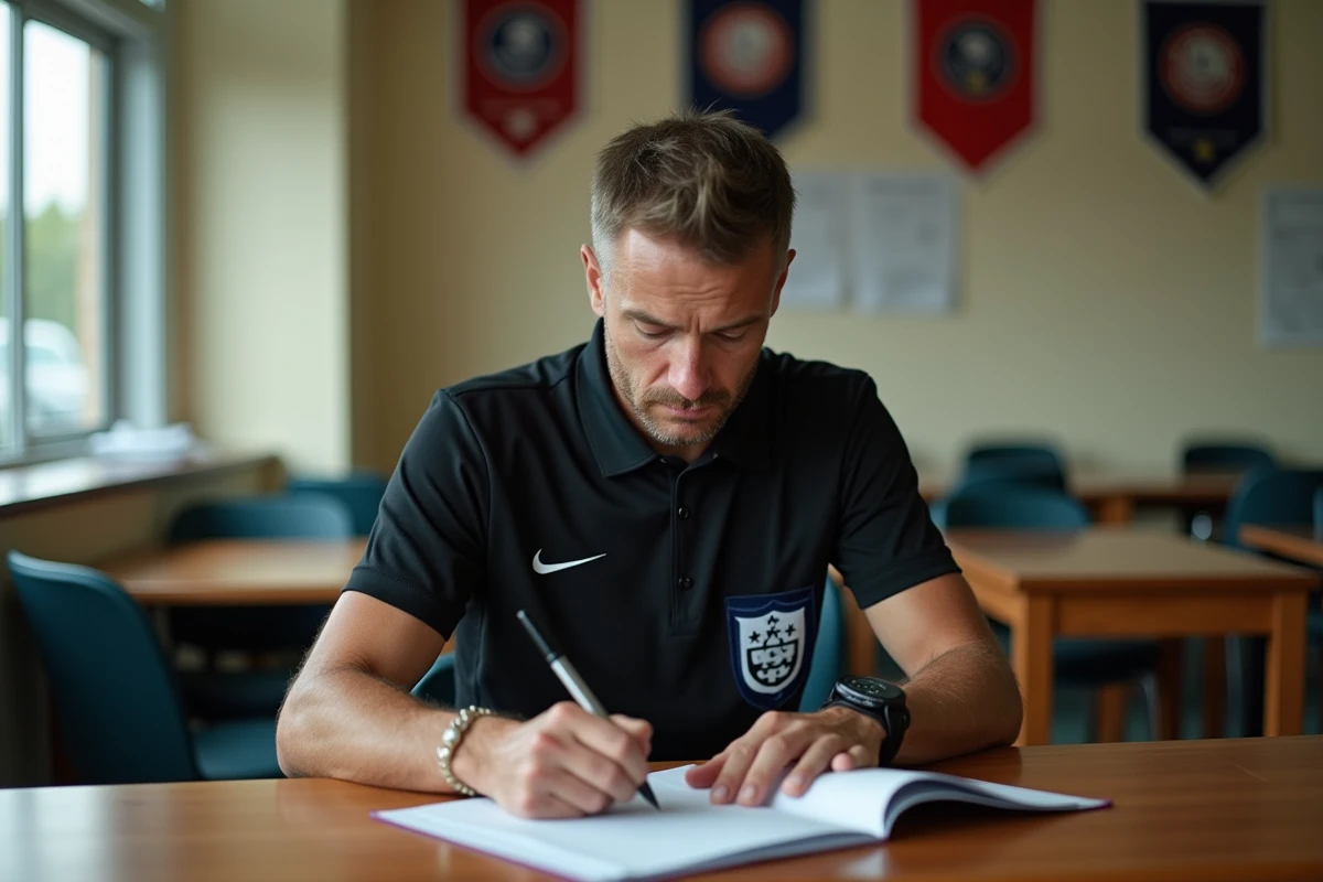 Arbitre vérifiant un règlement dans un bureau sportif