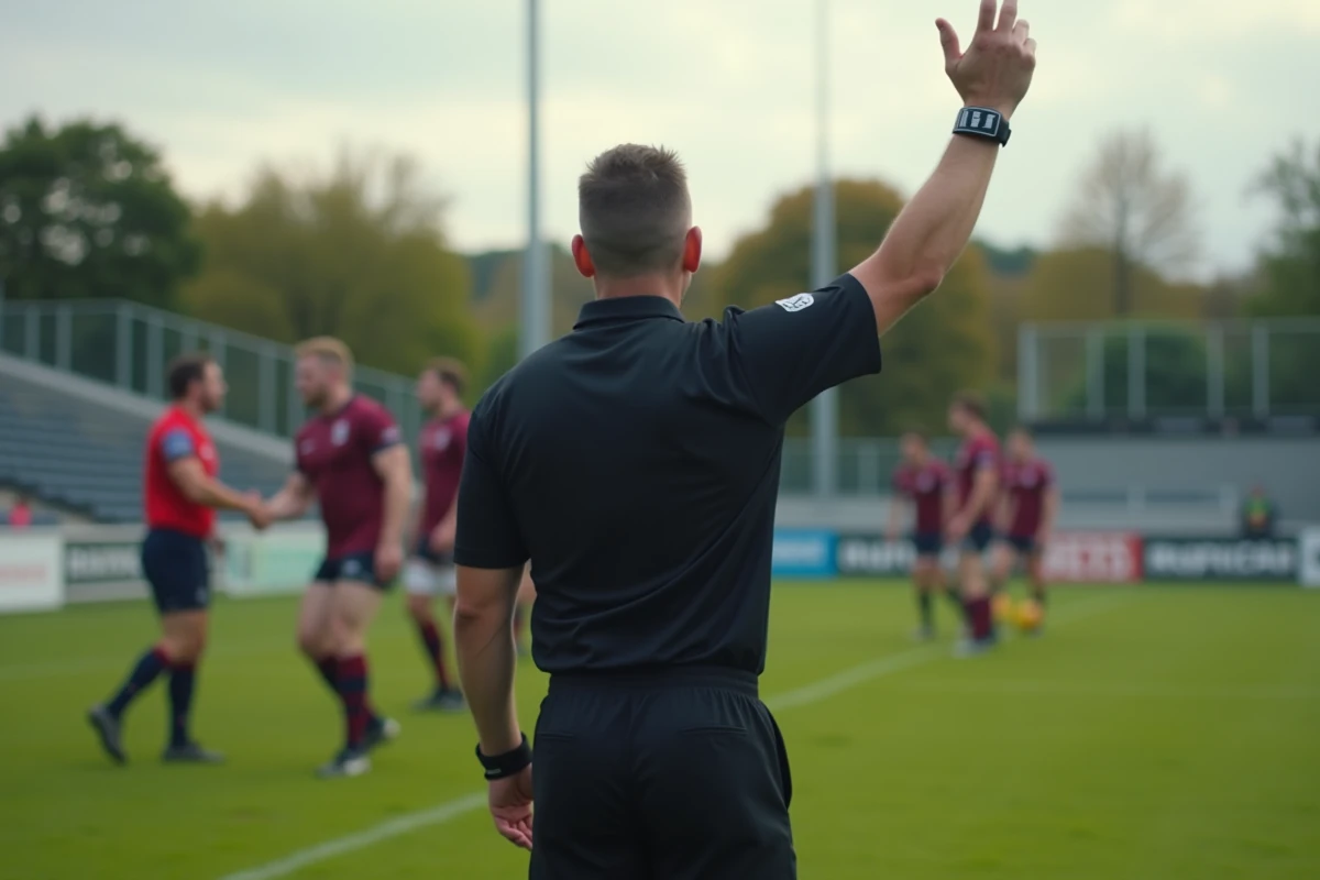 Arbitre de rugby fédérale 3 sifflant la fin d'un match sur un terrain régional avec les joueurs se serrant la main en arrière-plan