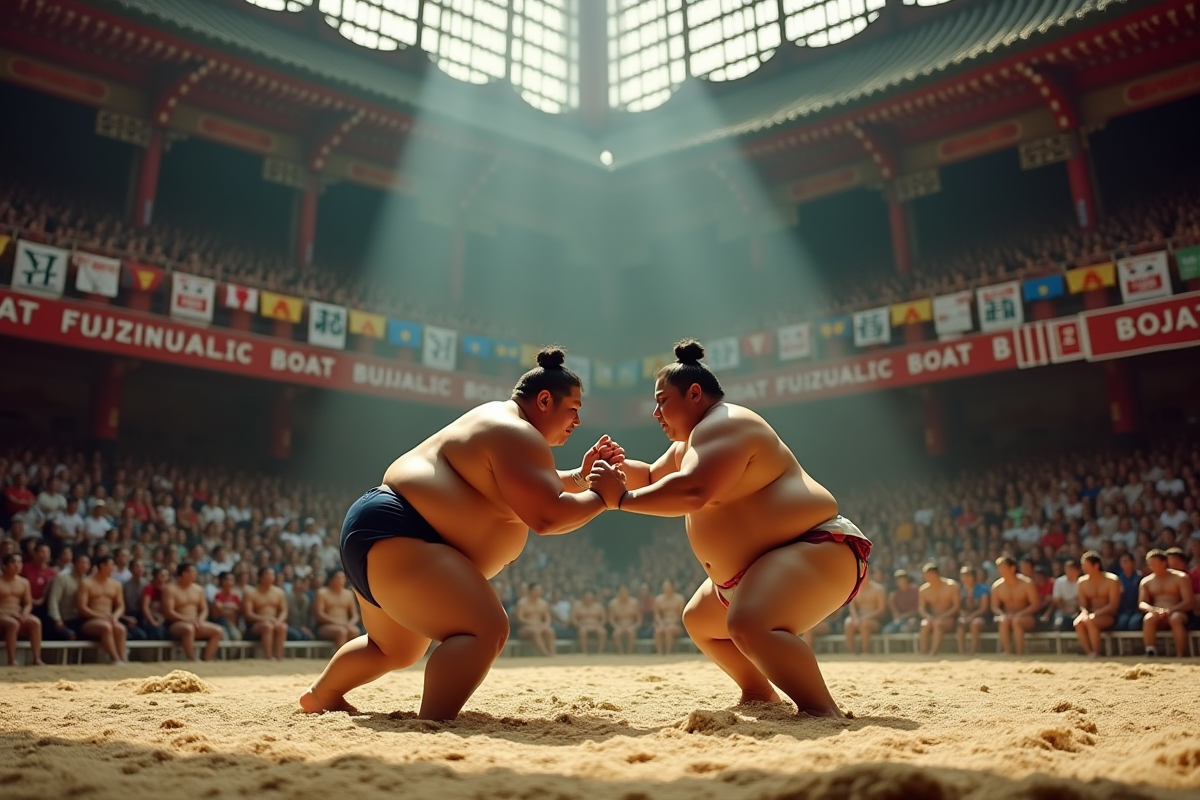 Arène de sumo avec deux lutteurs en combat intense et spectateurs
