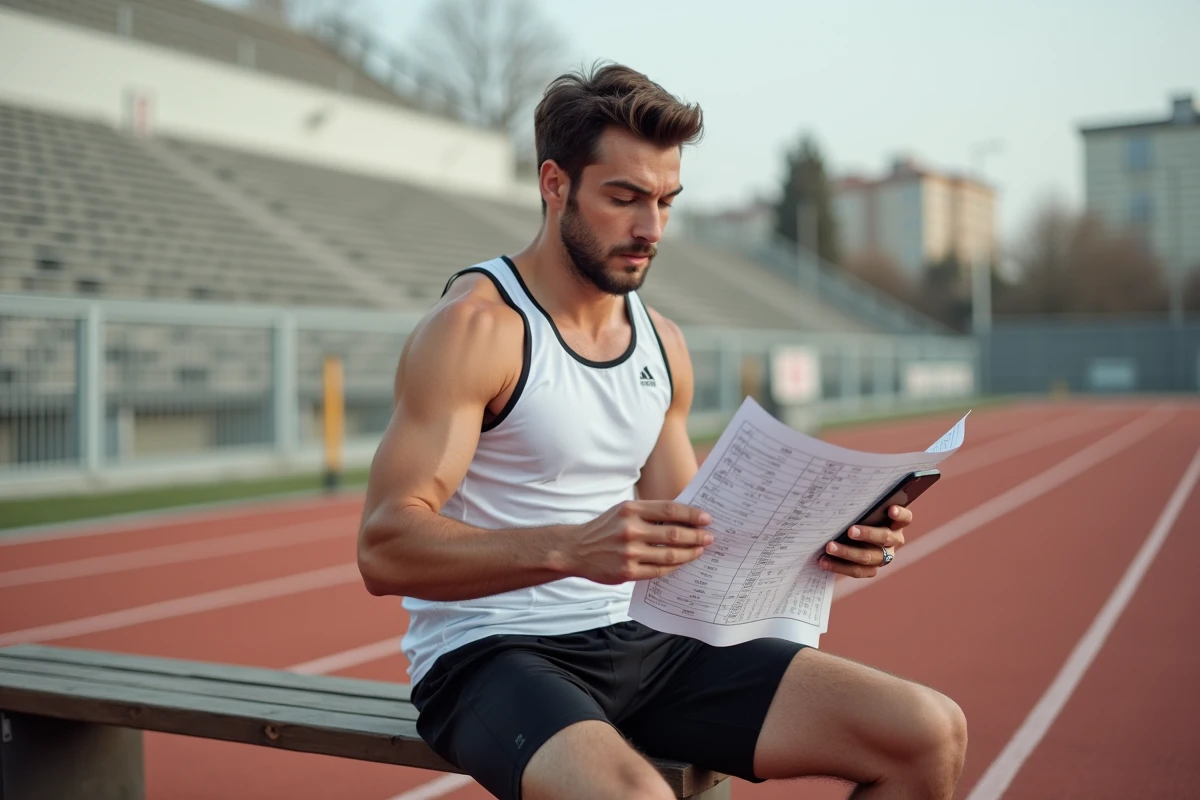 Athlète masculin consultant un tableau d'allures et une application de calcul de temps par kilomètre sur piste