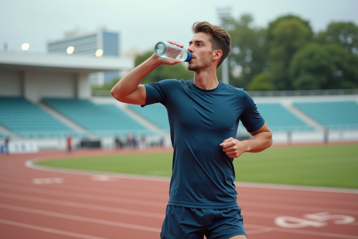 Jeune athlète buvant sur une piste d'athlétisme