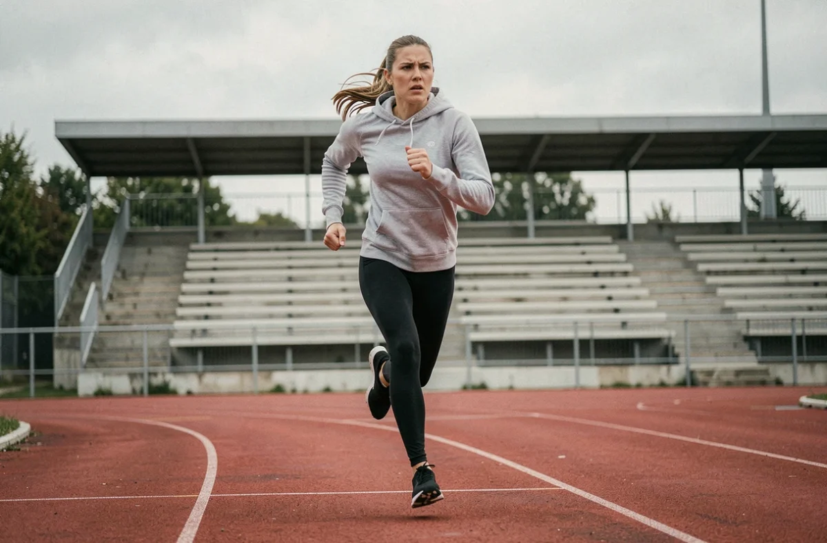 Athlète féminine en plein sprint sur une piste d'athlétisme, symbolisant l'ambition et la performance associées aux enseignements de Simon Lebriacs