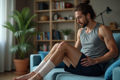 Jeune athlète assis sur un canapé en train de soigner sa cheville