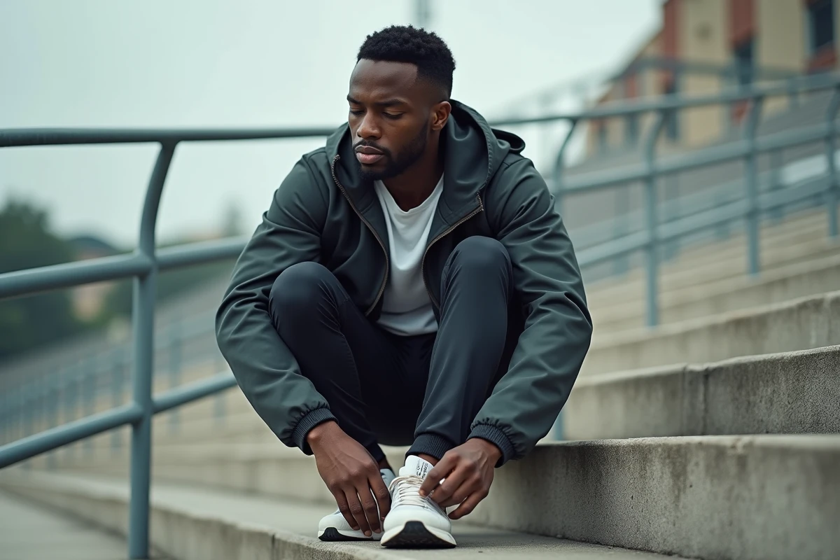 Athl&egrave;te noir attachant ses sneakers dans un stade