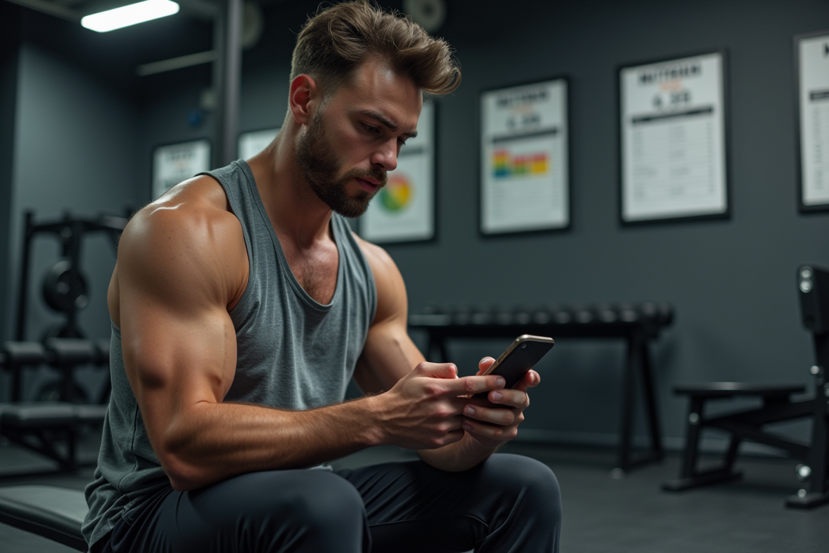 Jeune athlète regardant son application fitness au gym