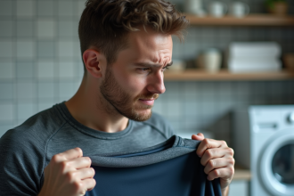 Jeune homme athl&eacute;tique tenant un t-shirt technique dans une laverie