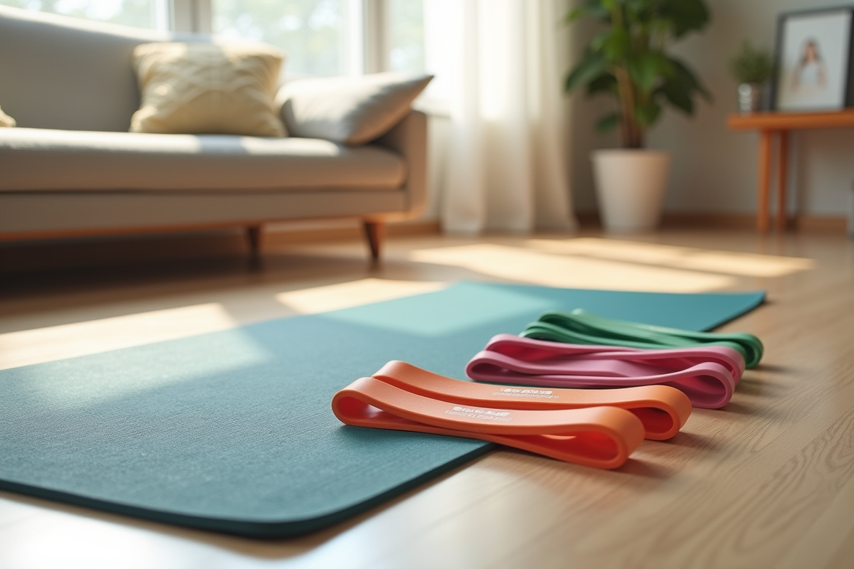 Bandes de resistance rangées sur un tapis de yoga avec instructions