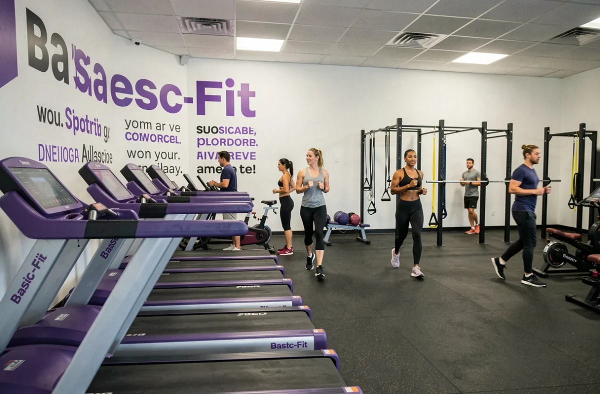 Salle Basic-Fit Montreuil avec espace cardio ouvert et signalétique aux couleurs violettes de la marque