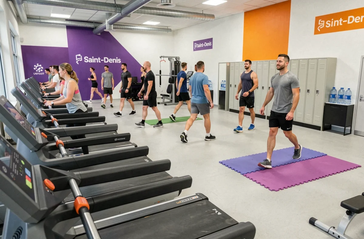 Salle Basic-Fit Saint-Denis avec son espace cardio ouvert et sa décoration aux couleurs caractéristiques violet et orange