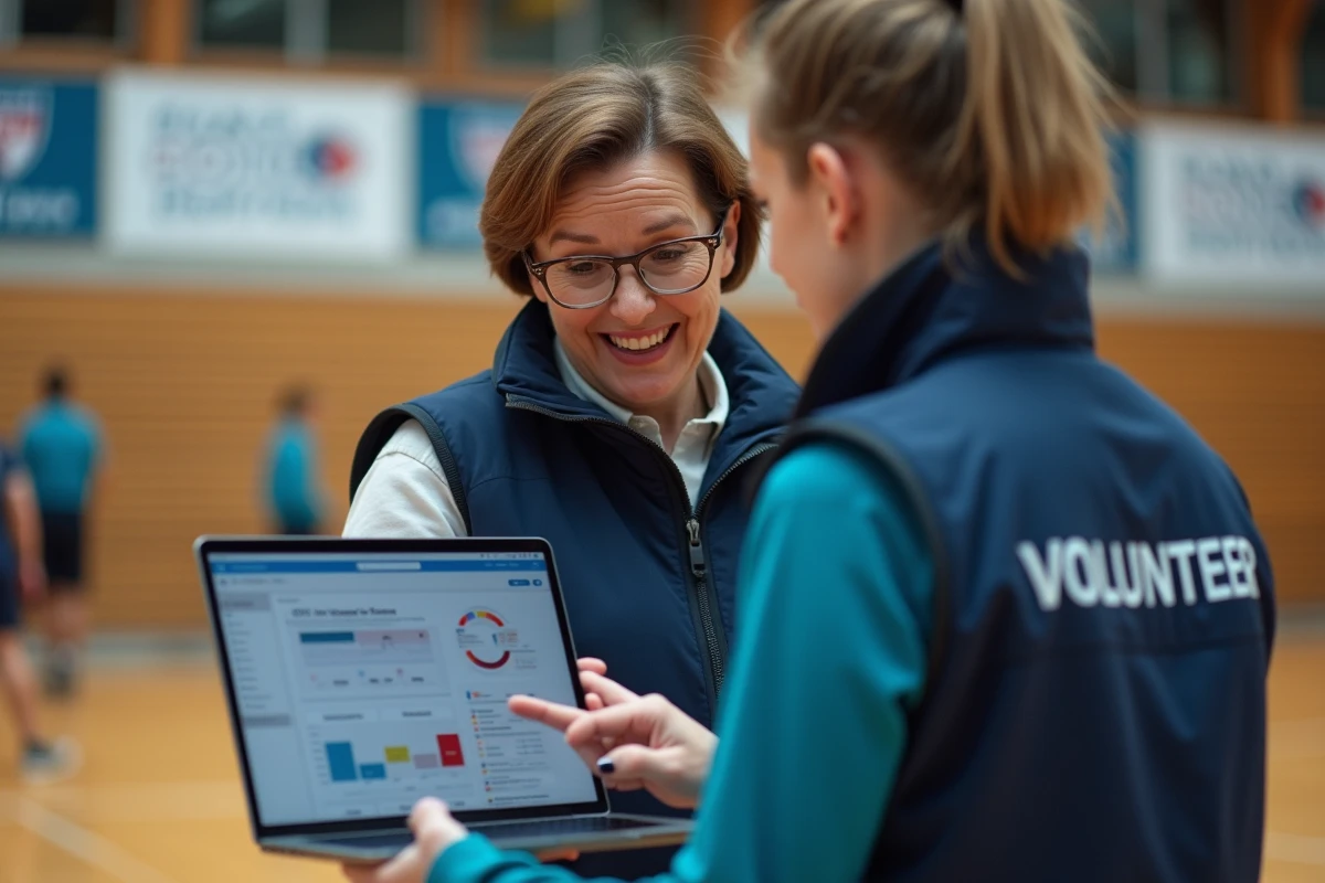 Bénévole expérimentée guidant une nouvelle recrue sur la plateforme de gestion FBI V2 dans une salle de sport