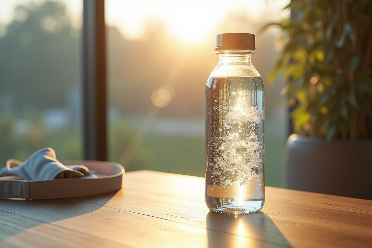 Bouteille d eau de source sur une table en bois avec accessoire de tennis