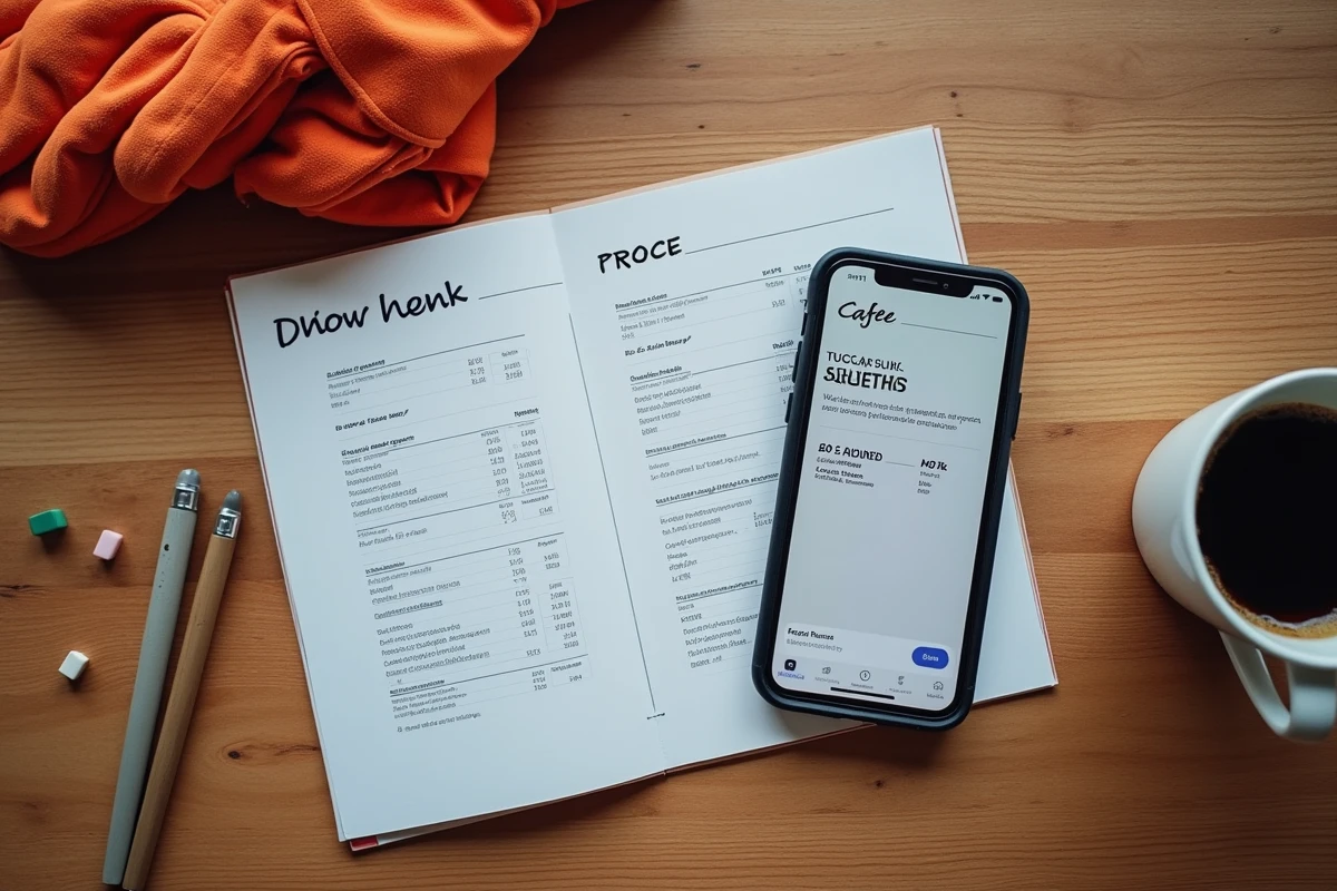 Vue aérienne d'une table de chalet avec brochure tarifaire des forfaits Les Arcs, smartphone et gants de ski