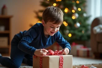 Garçon de 11 ans sportif qui déballe un cadeau d'anniversaire ou de Noël dans un salon décoré