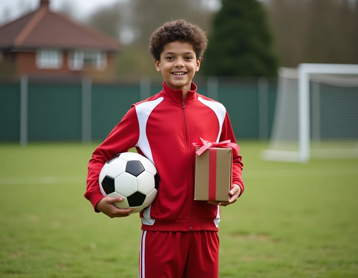 Jeune gar&ccedil;on sportif de 11 ans tenant un ballon de football et un cadeau sur un terrain de sport