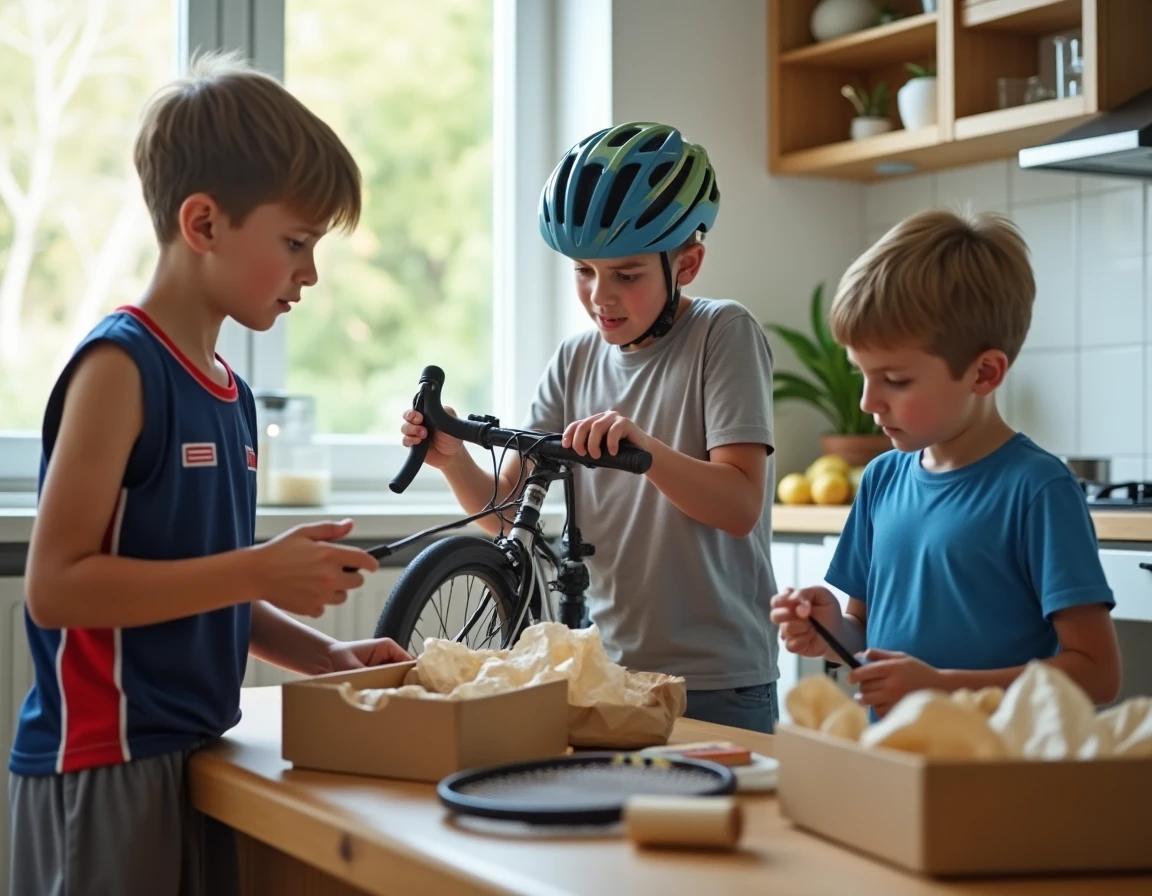 Groupe de gar&ccedil;ons de 11 ans d&eacute;couvrant des cadeaux sportifs vari&eacute;s autour d'une table pour anniversaire ou r&eacute;compense
