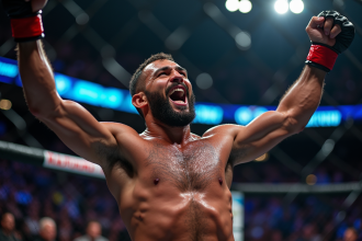 Lutteur MMA célébrant victoire dans la cage illuminée