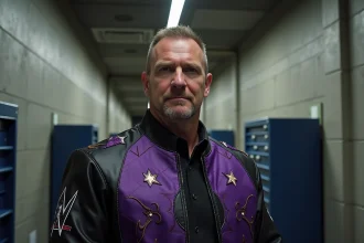 Catcheur professionnel en veste brodée noire et violette posant dans les coulisses d'une arène de catch TNA