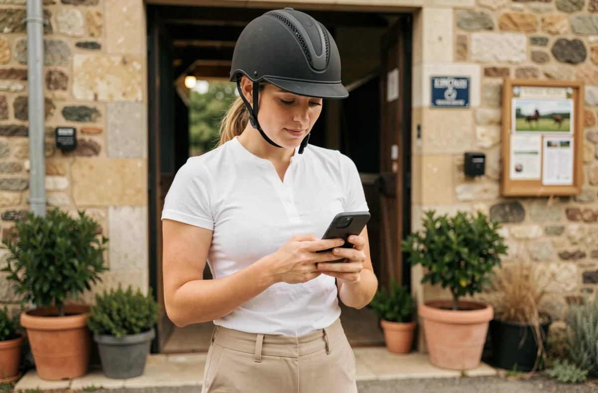 Cavalière débutante consultant le site SIF FFE sur son smartphone devant l'entrée d'un club équestre