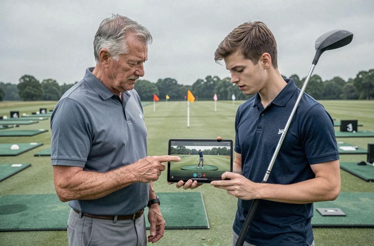 Coach et golfeur débutant analysant ensemble un swing sur tablette lors d'une séance d'entraînement sur un practice de golf