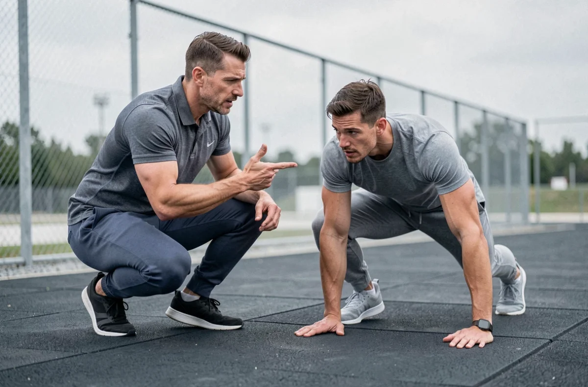 Coach sportif guidant un athlète lors d'un entraînement HIIT repensé en extérieur
