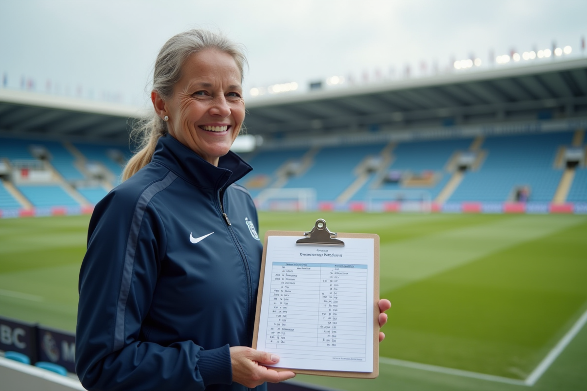 Entraineure souriante avec tableau de programme sur le terrain