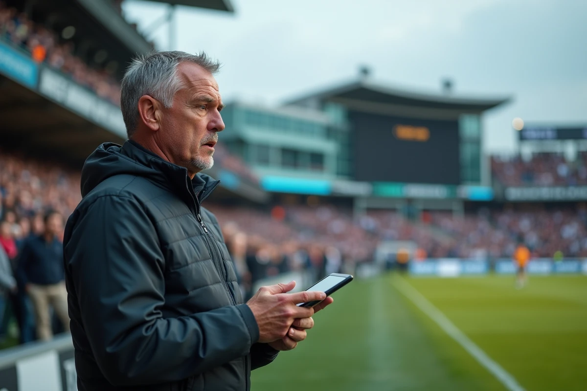 Entraineur de rugby concentré avec tablette sur le bord du terrain