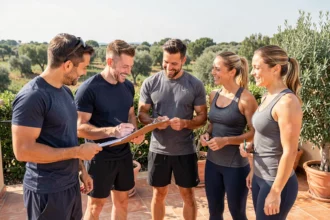 Groupe de coachs sportifs professionnels réunis en plein air dans l'Hérault