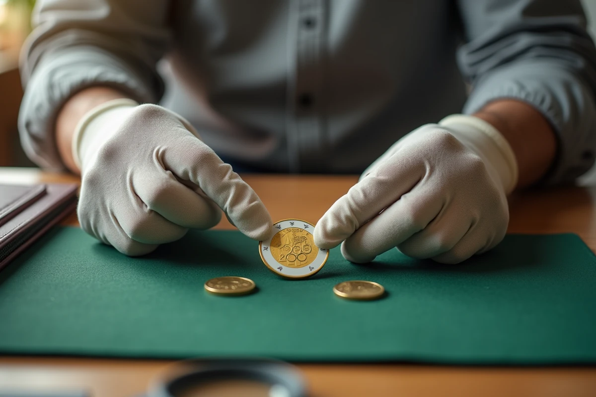 Collectionneur tenant une pièce de 2 euros JO 2026 avec des gants de coton sur un bureau de numismate