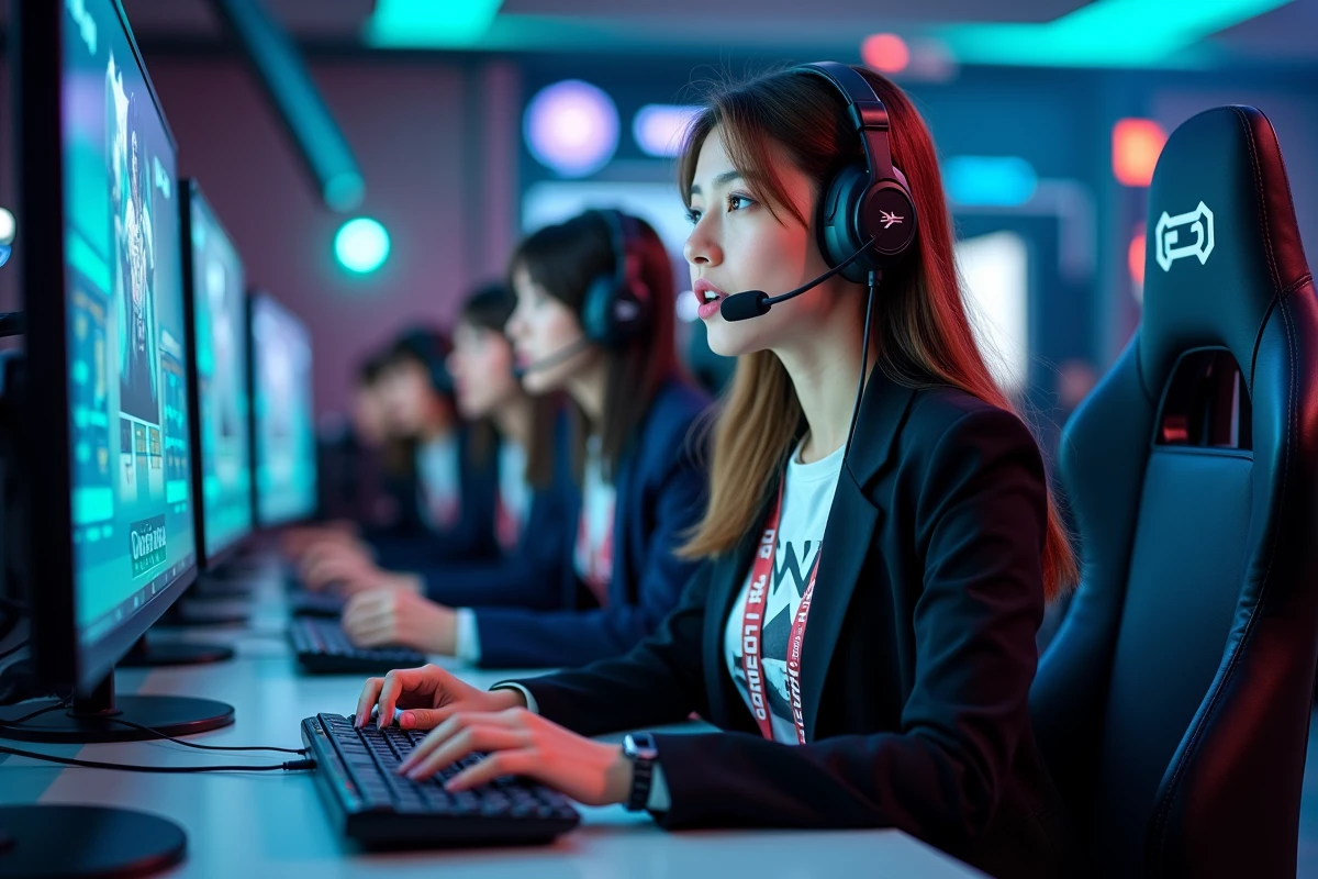 Commentatrice esports parlant dans un studio dynamique