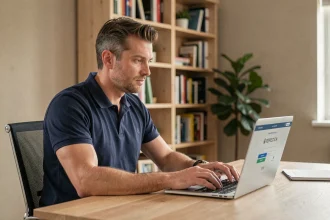 Homme connecté à l'espace Footclub FFF sur un ordinateur portable depuis un bureau à domicile