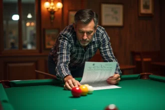 Homme d'&acirc;ge moyen &eacute;tudiant un calcul de angles au billard