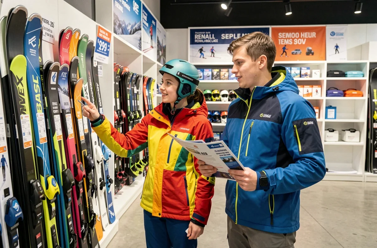 Couple de jeunes skieurs en train de comparer des offres de location de ski et consulter des promotions dans une boutique de station de ski moderne