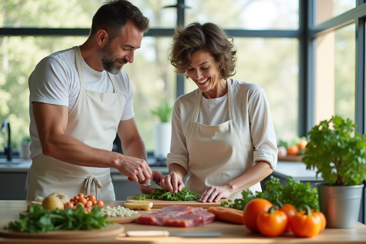 Couple actif préparant un repas sain et riche en protéines