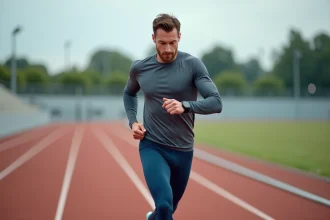 Coureur masculin analysant son allure sur une piste d'athlétisme rouge en regardant sa montre GPS pendant l'entraînement