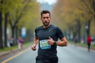 Coureur homme en pleine course lors d'un marathon urbain