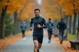 Coureur masculin vérifiant sa montre GPS pendant un entraînement marathon en automne dans un parc urbain