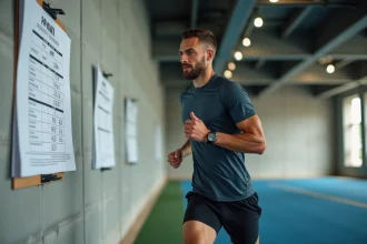 Coureur analysant un tableau allure km/h affiché dans une salle d'entraînement pour optimiser ses performances