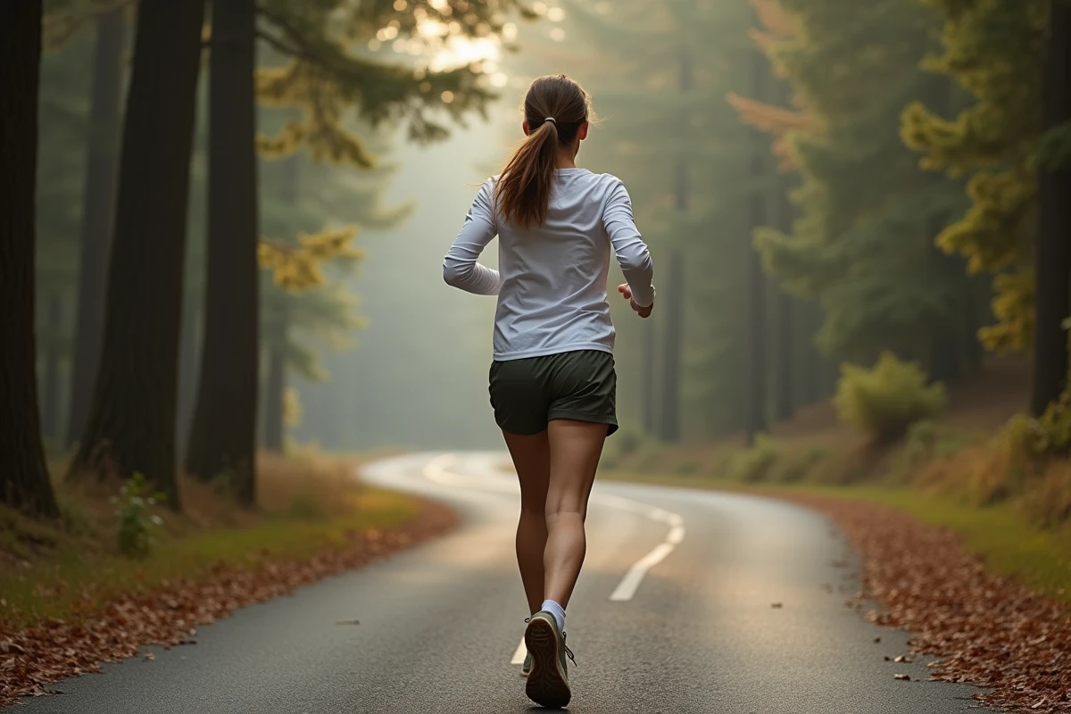 Coureuse adaptant son allure sur une route asphaltée en forêt lors d'un entraînement en terrain vallonné