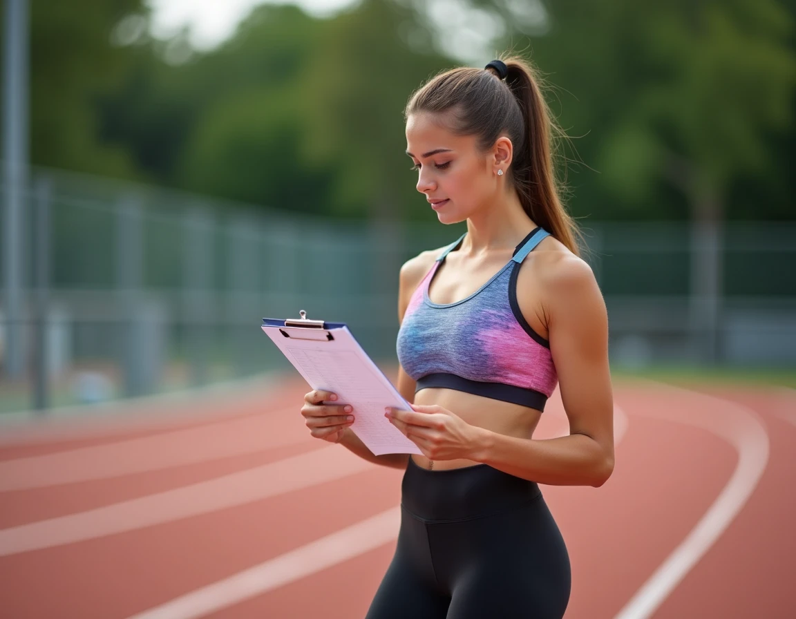 Coureuse consultant un plan d'entraînement marathon sur piste d'athlétisme