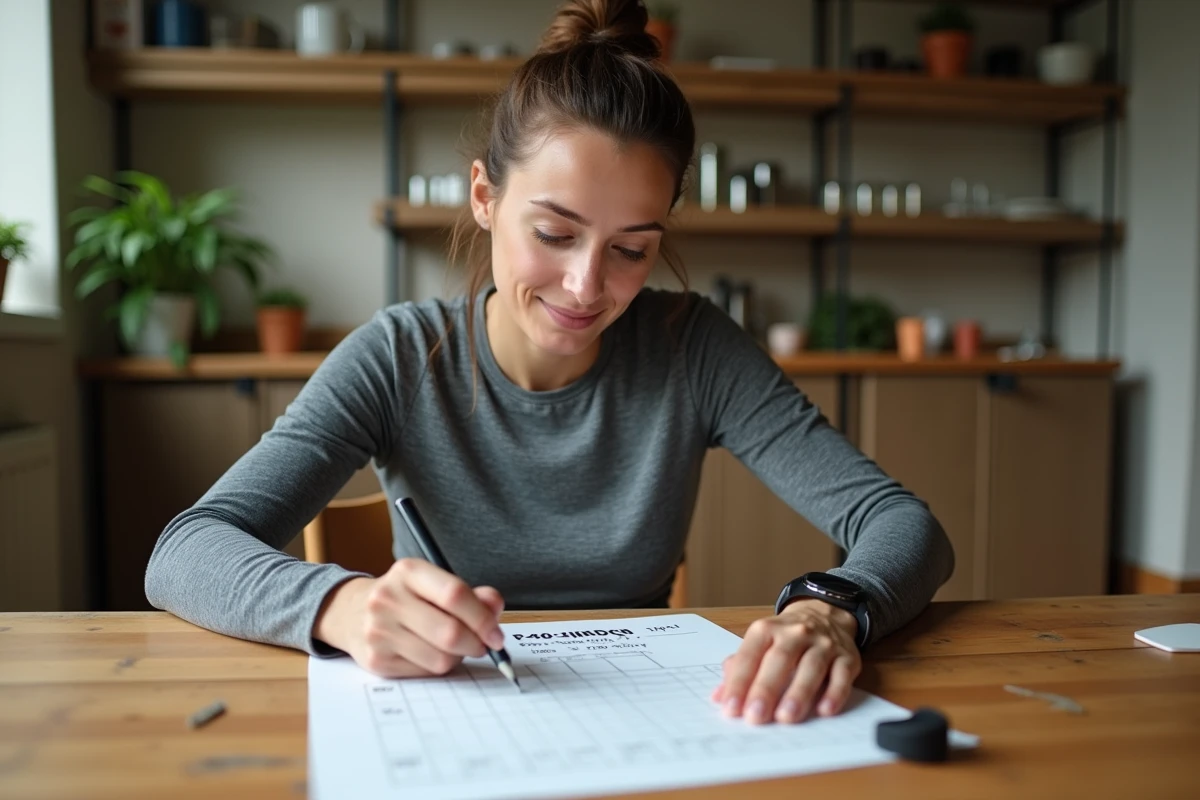 Coureuse étudiant un tableau de correspondance allure et vitesse km/h à la maison pour préparer son entraînement